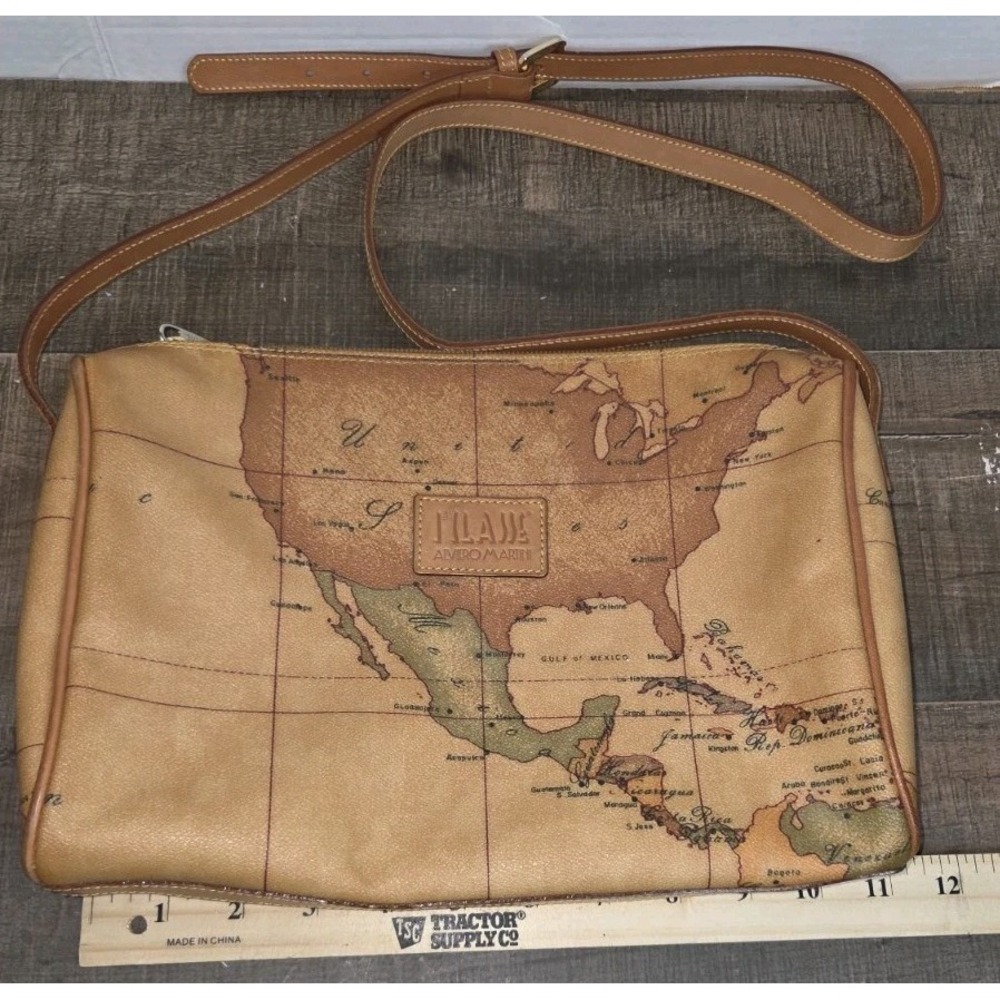Alviero Martini 1A Classe Geo Map Shoulder Bag Vintage Italy Coated Canvas